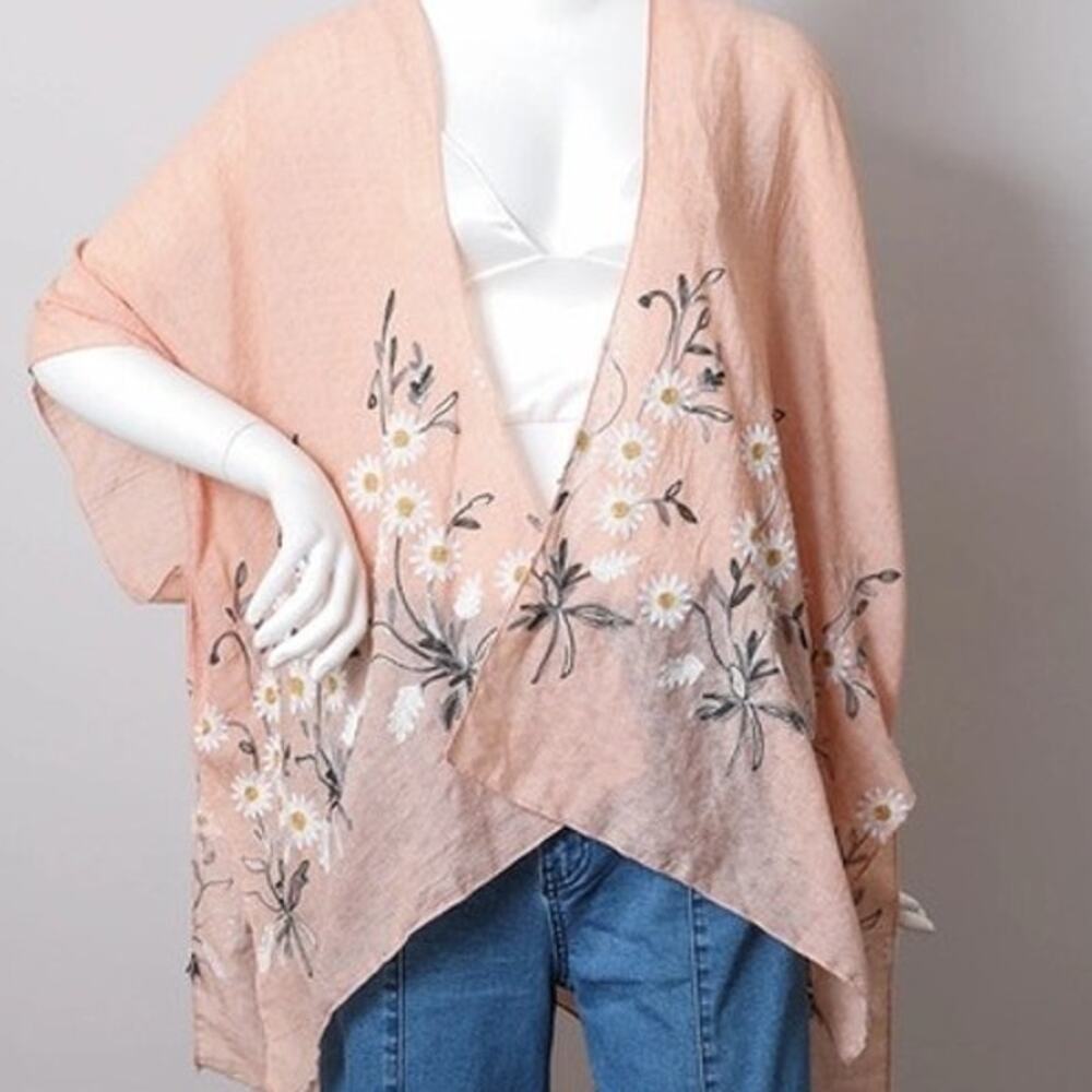 Embroidered Spring Daisy Woven Kimono Wrap Shawl Boho Floral Peach